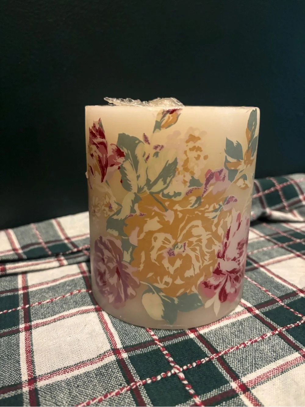 Vintage Floral Pillar Candle in Cream with Yellow and Pink Accents